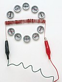 Compasses arranged around a coil