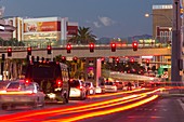 Cars on Las Vegas Boulevard at dusk