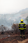 Firefighter in smouldering scrubland