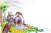 Dromaeosauruses attacking,illustration
