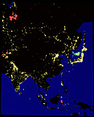 Colour-coded satellite image of Asia by night