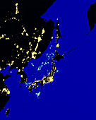 Colour-coded satellite image of Japan by night