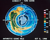 Satellite map of ozone hole over Antarctic