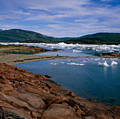 Eroded icebergs and brash ice