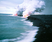 Lava flow reaching the coast,Hawaii