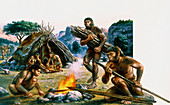 Tribe of homo erectus making weapons