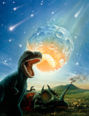 Tyrannosaurus rex fleeing from an asteroid strike