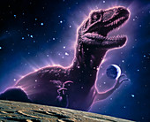 Conceptual art of a ghostly dinosaur over the Moon