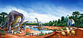 Artwork of a herd of Titanosaurs by a river