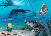 Ichthyosaur and prey,artwork