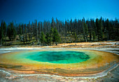 Green and yellow minerals and algae in hot spring