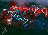 Rubbish dump with illuminated neon lights