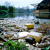 Plastic litter,River Lee,London,UK