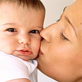 Mother kissing baby girl