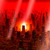 Meteor shower over alien city,artwork