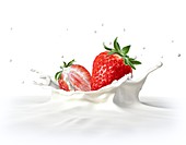 Strawberries falling into milk,artwork