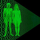 Male and female with binary code