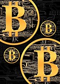 Bitcoin logo on circuit board,artwork