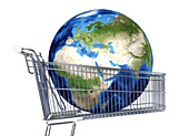 Globe inside a shopping trolley,artwork