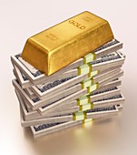 Gold bullion and US dollars,illustration