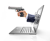 Laptop with hand and gun,illustration