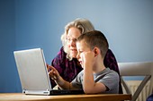 Boy using laptop with grandmother