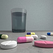 Tablets and glass of water,illustration