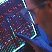 Technician analyses a gene sequence on a computer