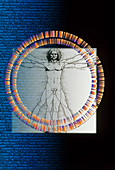Artwork of male figure with genetic sequence