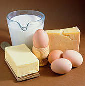 A selection of dairy produce and eggs