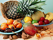 Selection of tropical fruits and nuts