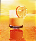 Computer art of glass of orange juice & orange sea