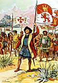 Columbus holding the Spanish flag on Hispaniola
