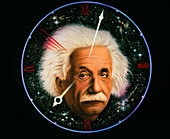 Artwork of Albert Einstein on a space clock