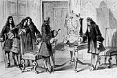 Christiaan Huygens presenting a clock to Louis XIV