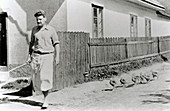 Konrad Lorenz walking with ducklings