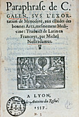 Title page of Nostradmaus' paraphrase of Galen