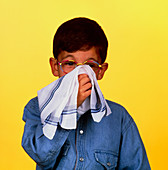 Young boy blowing his nose suffering from rhinitis