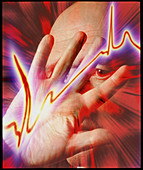 Heart disease: hand held up to irregular ECG trace