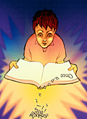 Abstract artwork of a dyslexic boy reading a book