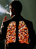 Man smoking,with image of lungs as ashtray