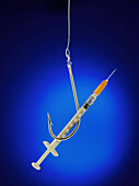 Drug addiction: abstract image of hook & syringe