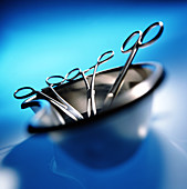 Scissor forceps in a kidney-shaped bowl