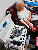 Woman donating blood platelets at Apheresis Clinic