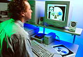 Surgeon planning a brain operation on a computer