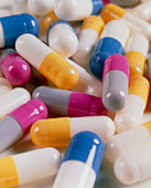 View of an assortment of drug capsules