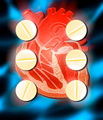 Computer artwork of aspirin pills & human heart