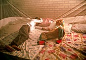 Young boys sleeping under a mosquito net