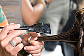 Bull semen hair treatment being applied