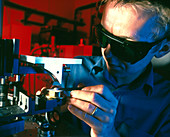 Technician placing tooth under a Terahertz imager